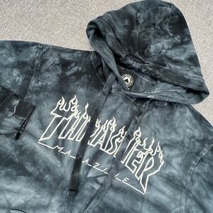 Vintage Y2K Thrasher Skateboard Hoodie Mens S Black Tie Dye Flames Dyenomite Tag